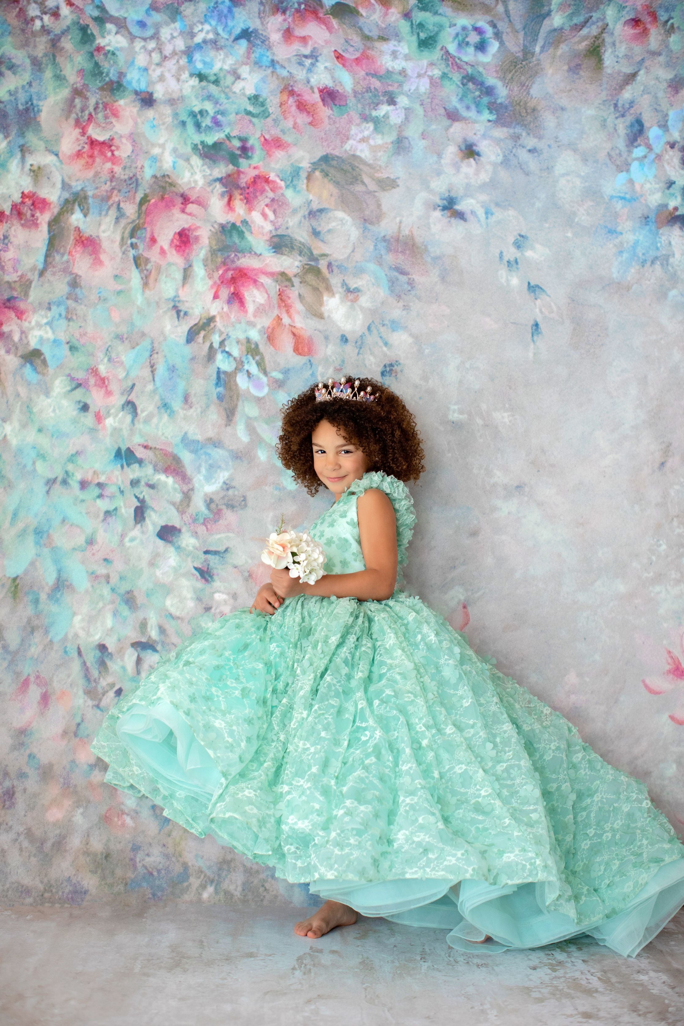 RETIRED RENTAL EUC /NEWER CONDITION "Fluttering Mint" -  high low Length Floral Gown ( 6 Year - Petite 8 Year)