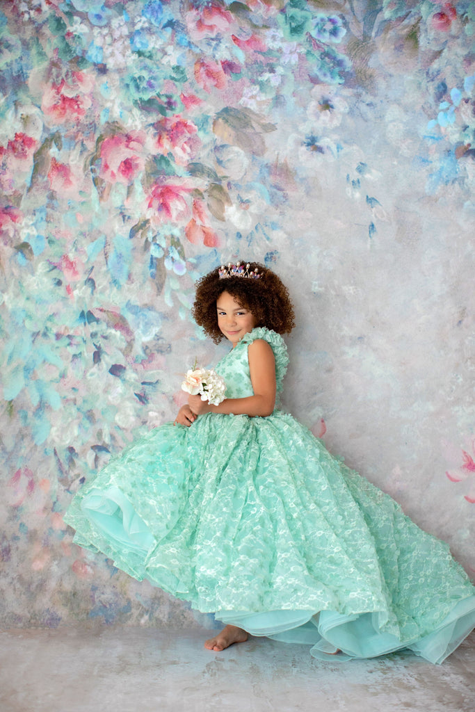 RETIRED RENTAL EUC /NEWER CONDITION "Fluttering Mint" -  high low Length Floral Gown ( 6 Year - Petite 8 Year)