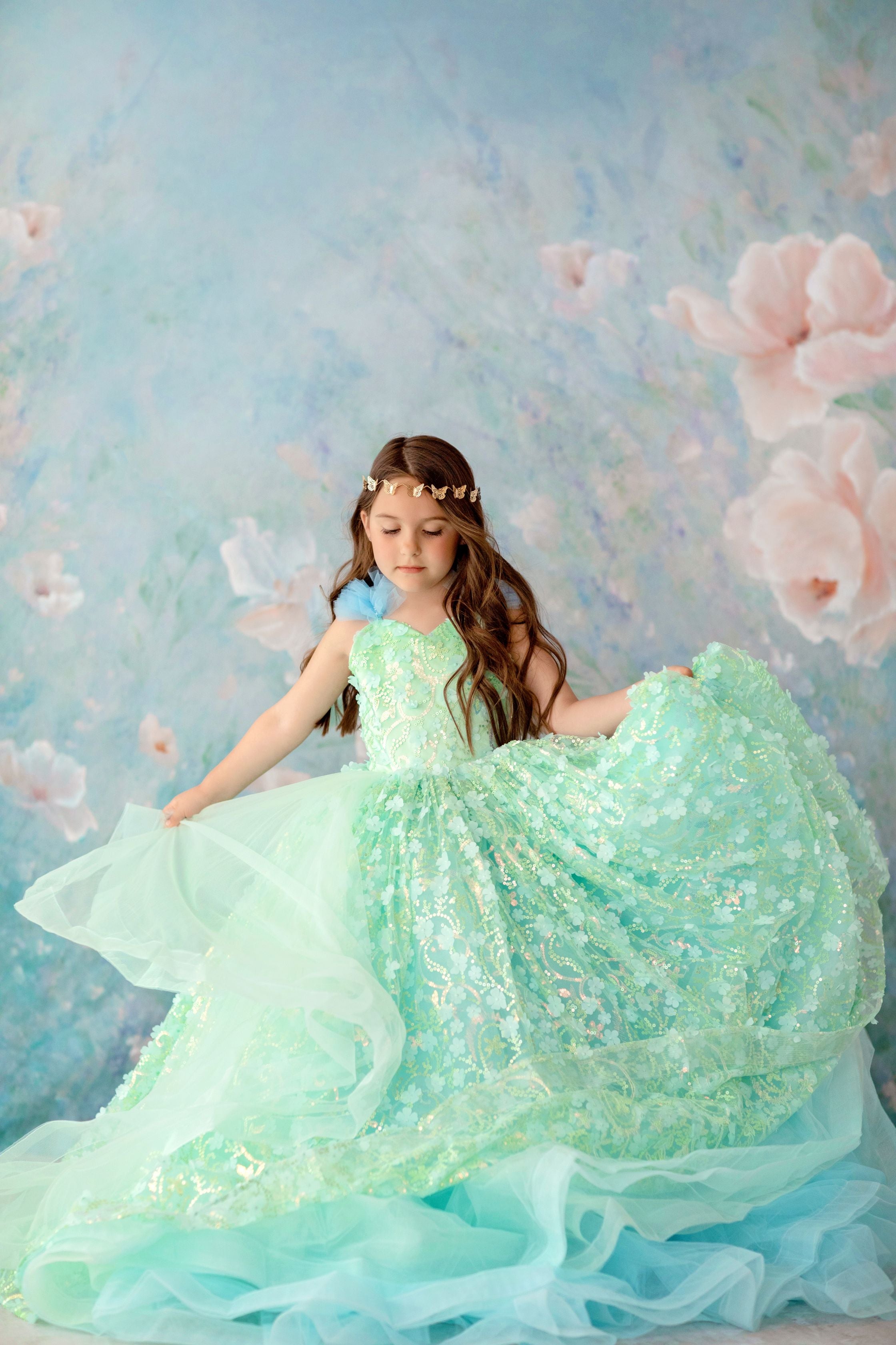 RETIRED RENTAL "Mermaid Dreams" -  Floor Length Floral Gown ( 6 Year - Petite 8 Year)