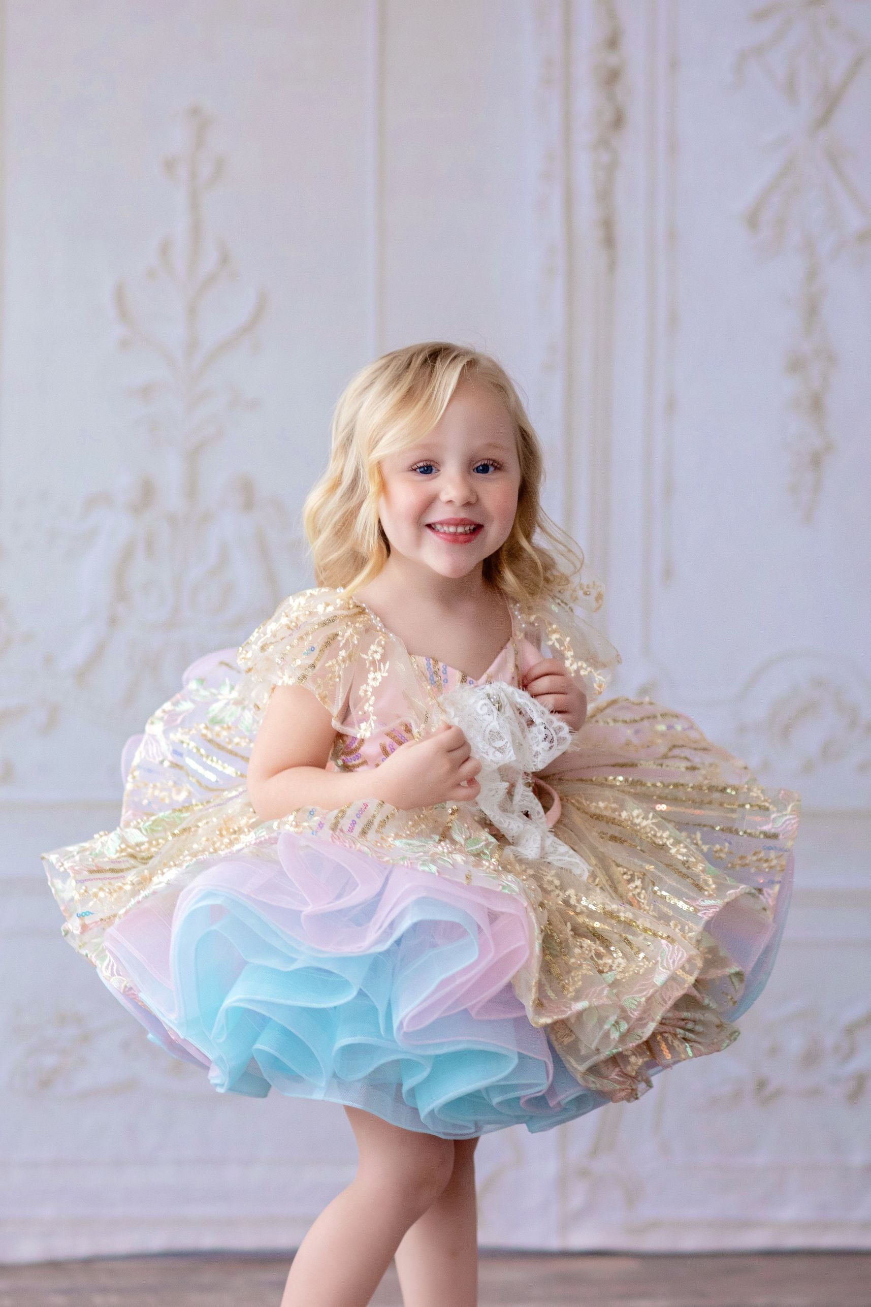 Rts "Cotton Candy" - Sequin Petal Vintage Length Gown (4 Year-Petite 5 Year)