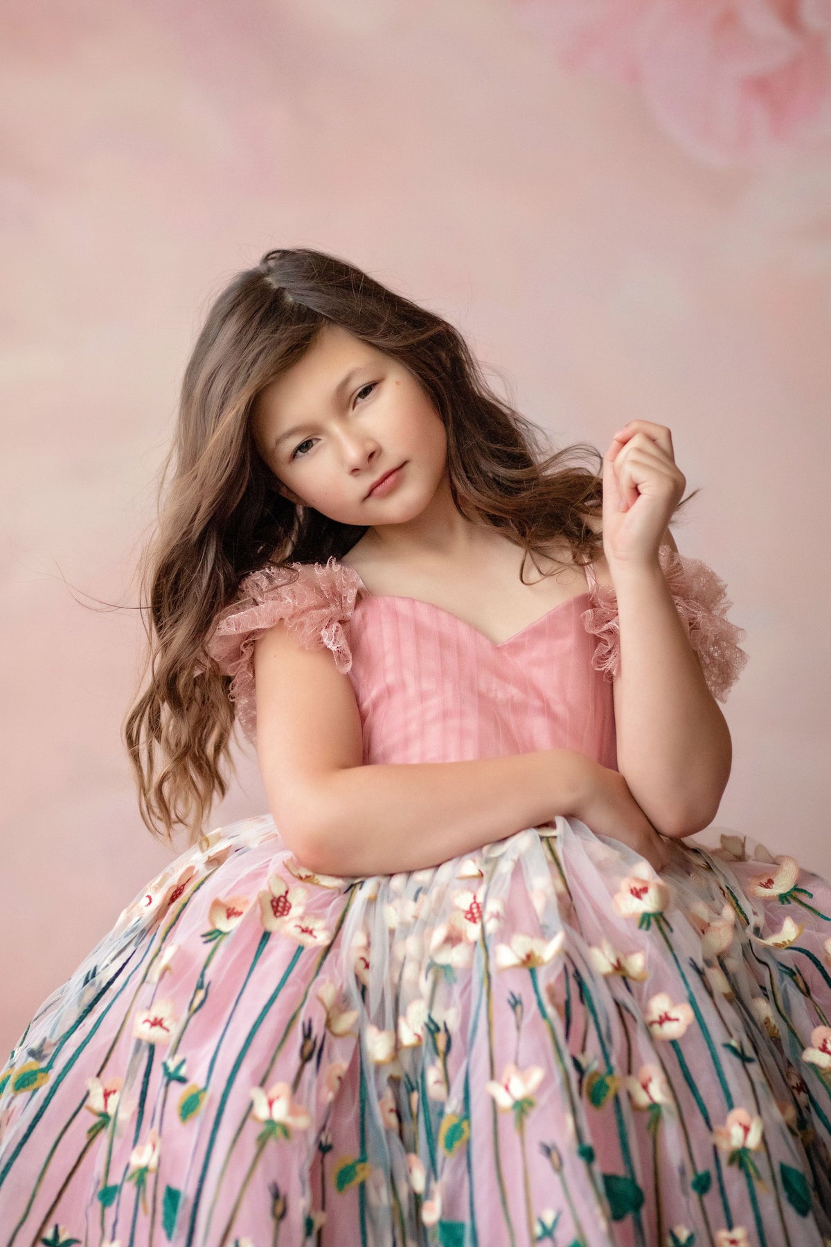 "Close-up of hand-embroidered floral fabric on a vintage-inspired children’s dress"

