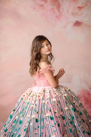 "Side view of soft pastel floral gown designed for twirling and comfort"

