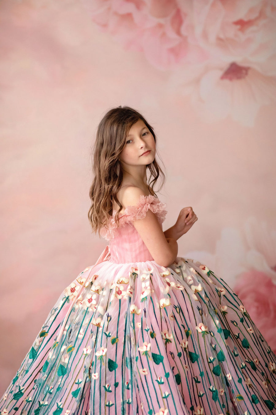 "Side view of soft pastel floral gown designed for twirling and comfort"

