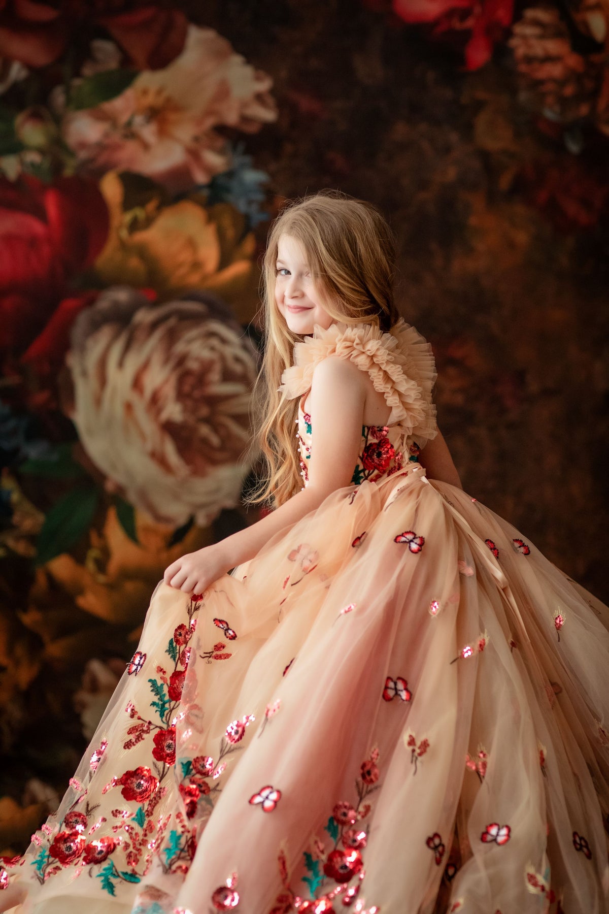 back shot peek of the Juliette gown showing layered ivory tulle under the skirt

