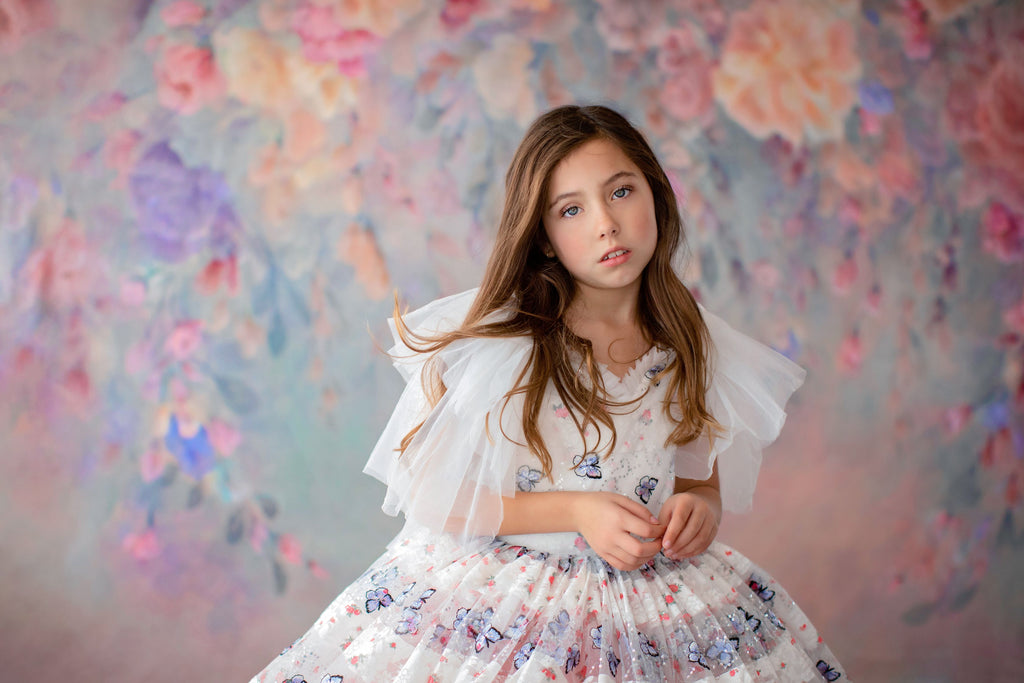 RETIRED RENTAL  EUC "Amelie"  -  Floor Length Dress White/Coral Flutter sleeve  ( 6 Year - Petite 7 Year)