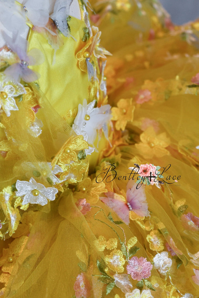 "Floral Dreams" in Yellow + bonnet -  Petal Short Length Dress ( 2 Year - Petite 4 Year)