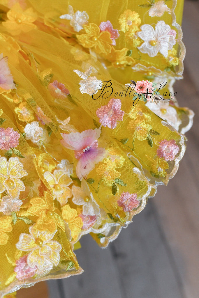 "Floral Dreams" in Yellow + bonnet -  Petal Short Length Dress ( 2 Year - Petite 4 Year)