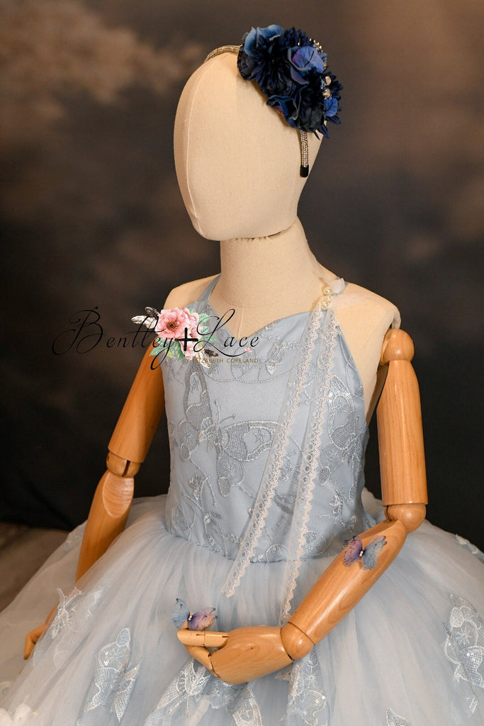 "Wendy" in soft blue + Detachable cape Floor Length Dress ( 8 Year - Petite 9 Year)