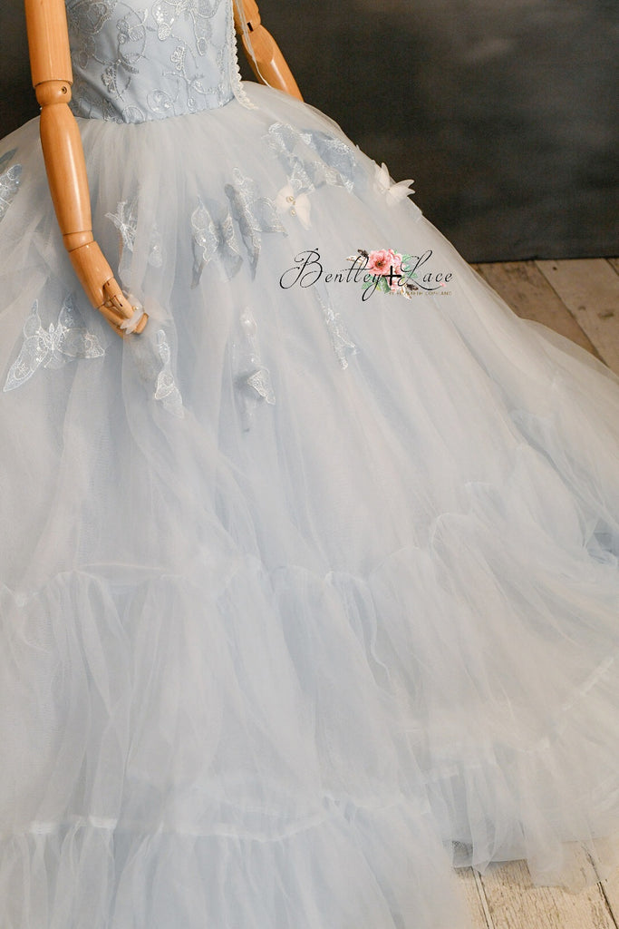 "Wendy" in soft blue + Detachable cape Floor Length Dress ( 8 Year - Petite 9 Year)