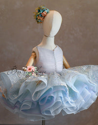 Retired rental euc"Birthday Party" - Blue Petal Short Length Dress (5 Year - 6 Year)