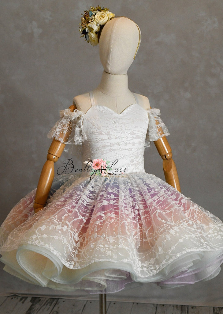 "Unicorns & Rainbows" - off shoulder lace-  Petal Short Length Dress ( 7 Year - Petite 8 Year)