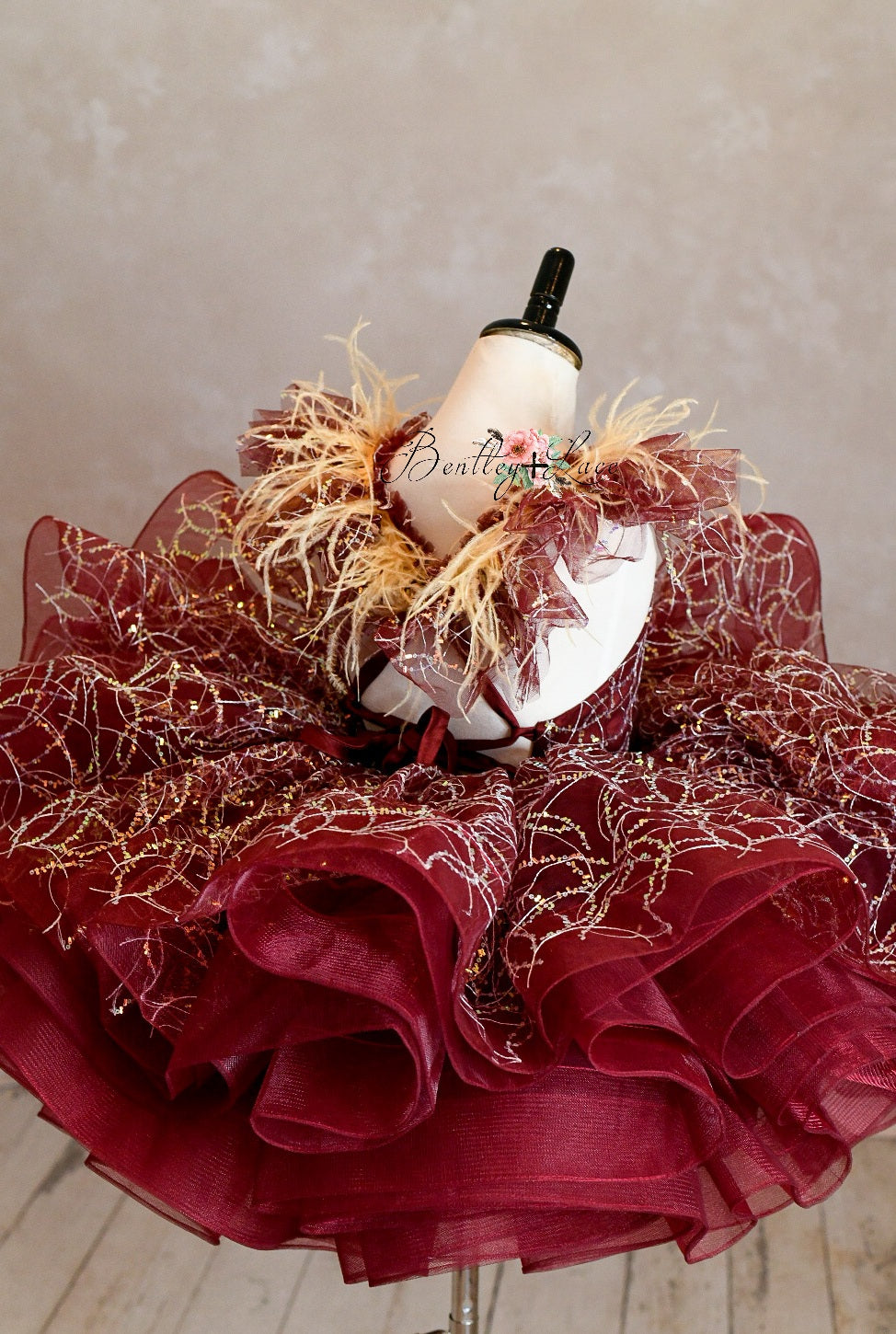 "Winnie" burgundy with feathers Petal Length Dress ( 4 Year - Petite 5 Year)