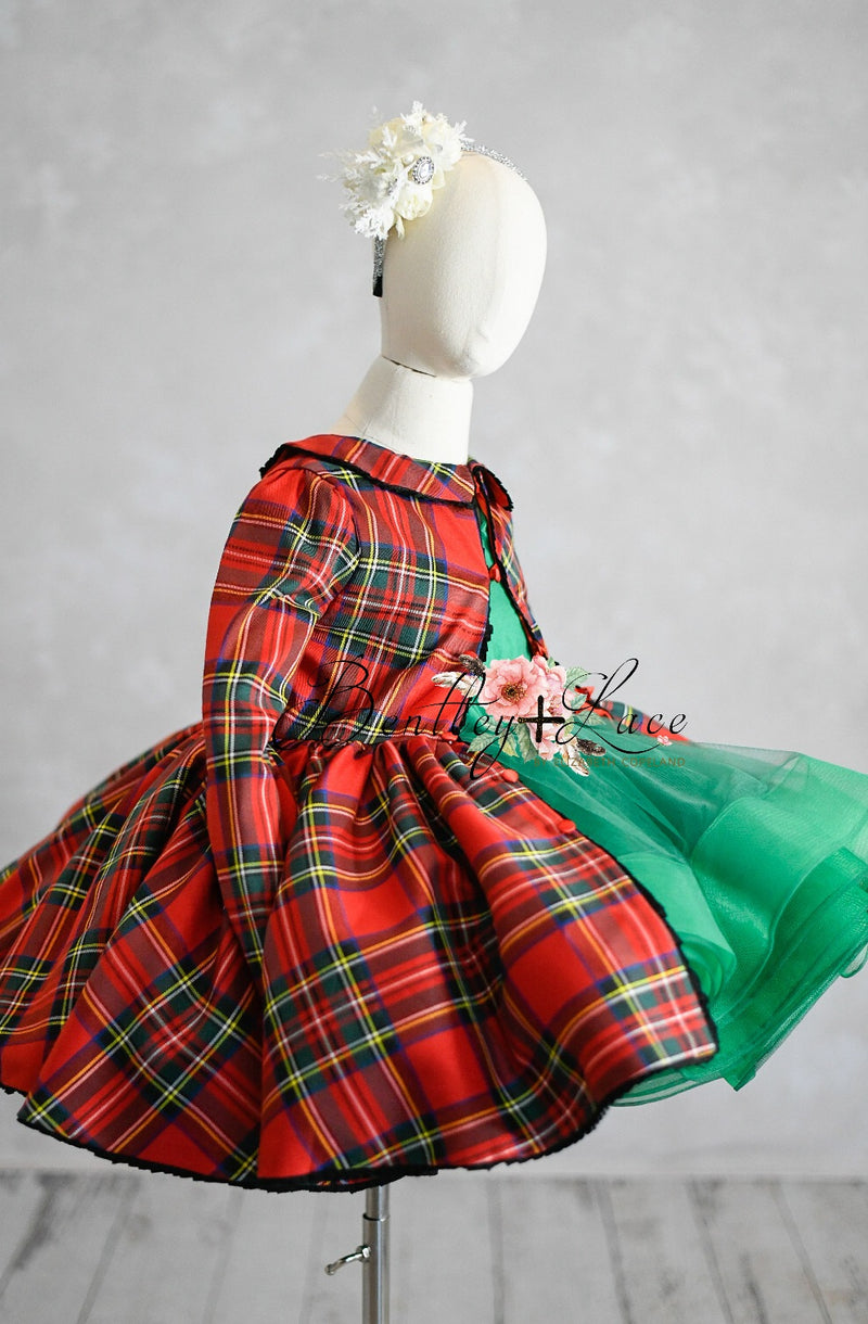 "Darling Plaid" Red Vintage Jacket Dress + Green Solid  Petal Length Dress ( 5 Year - Petite 6 Year)