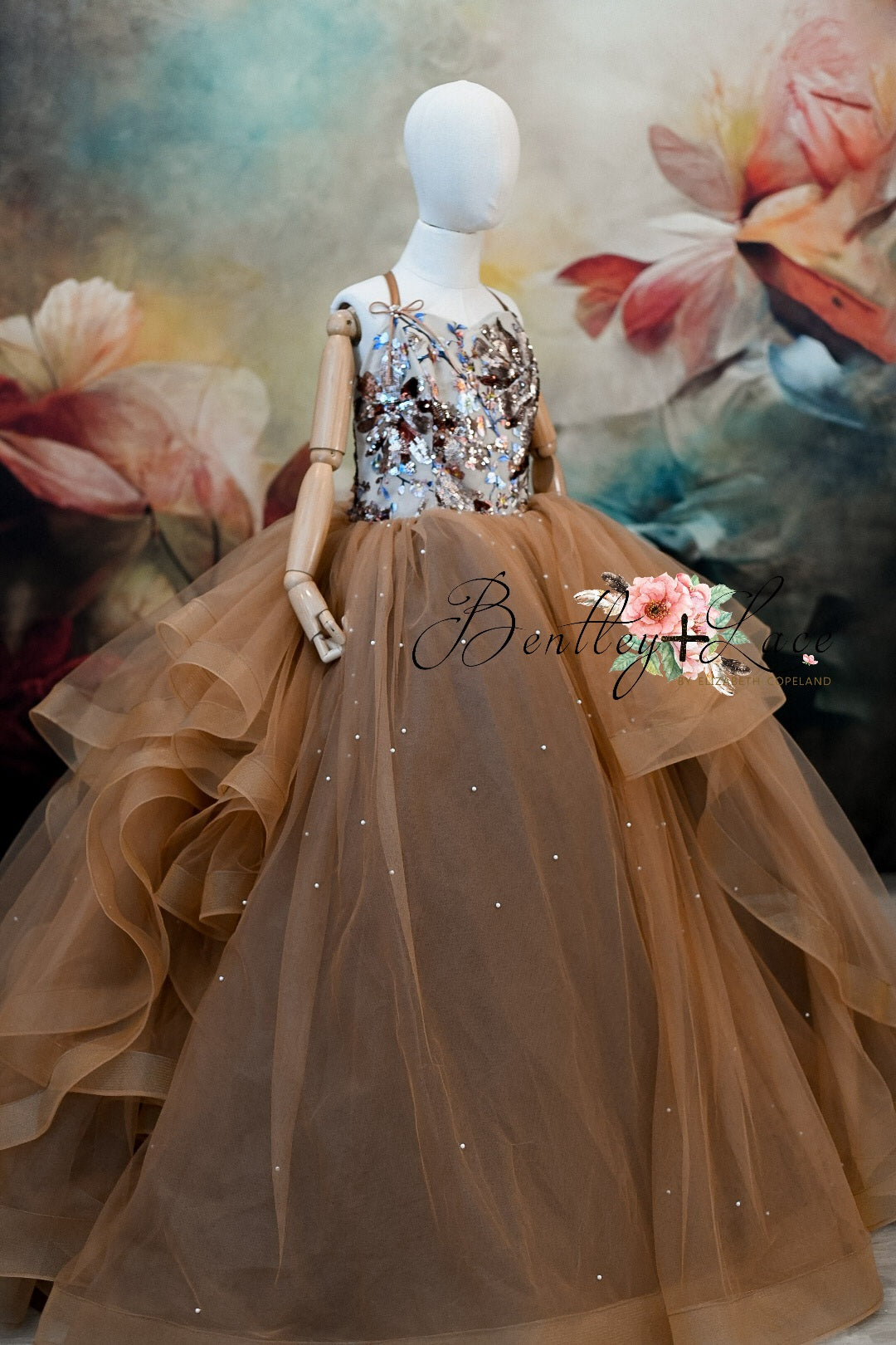"Falling Gracefully" in Gold and Copper Floor length gown  (10 year- petite 11 year)