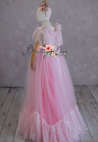 New rts Pink Dazzle Lace Floor-Length Rental Gown | Fits 9Y–10Y