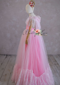 New rts Pink Dazzle Lace Floor-Length Rental Gown | Fits 9Y–10Y