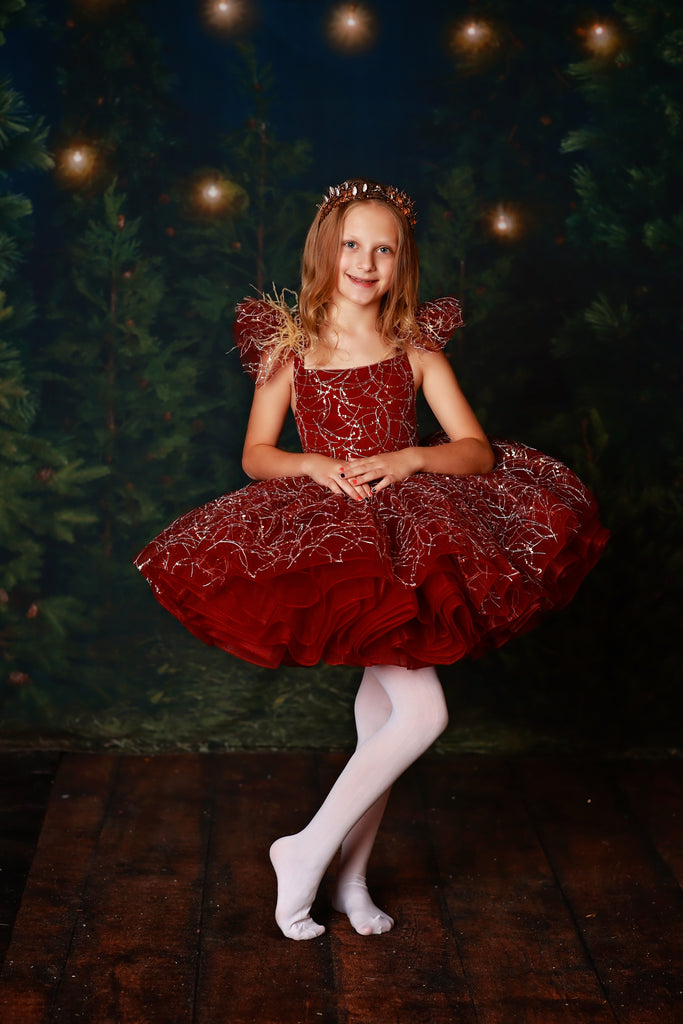"Winnie" burgundy with feathers Petal Length Dress ( 4 Year - Petite 5 Year)