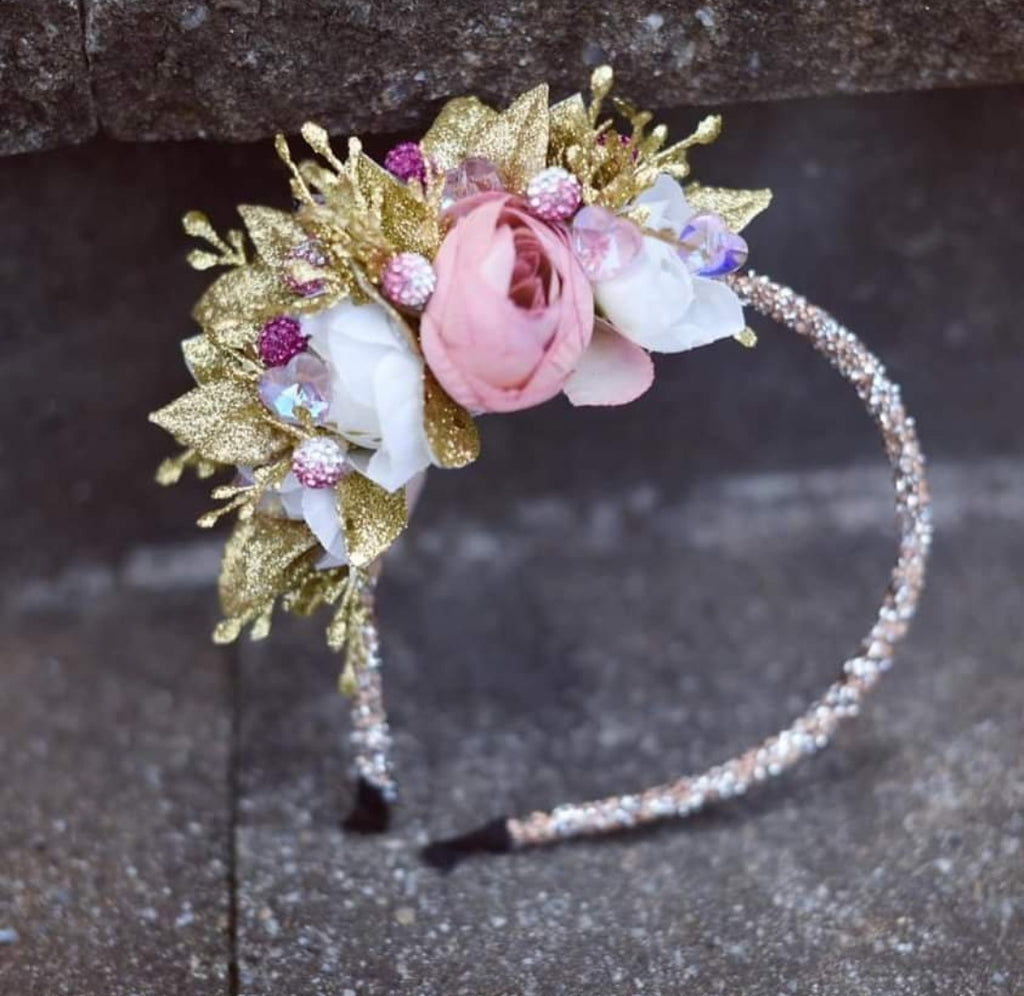 Shimmy shimmy glam Floral Headband- golds and pinks