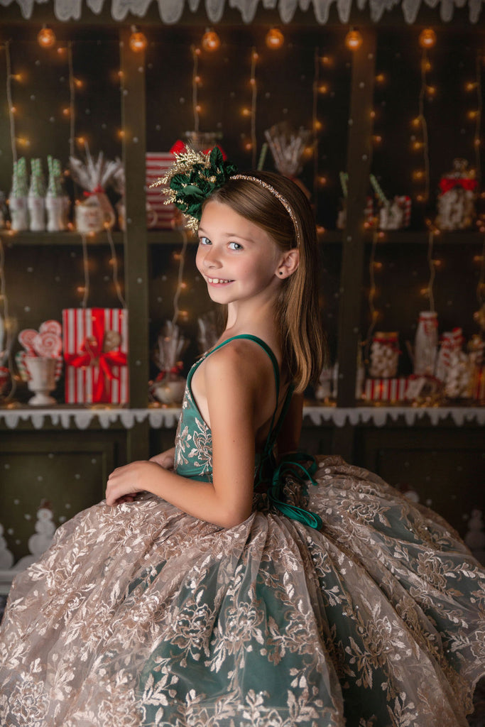 "Jillian" in green and champagne Petal Length Dress ( 7 Year - Petite 8 Year)