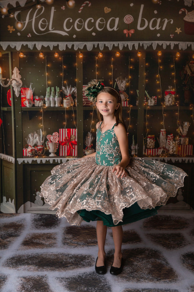 "Jillian" in green and champagne Petal Length Dress ( 7 Year - Petite 8 Year)