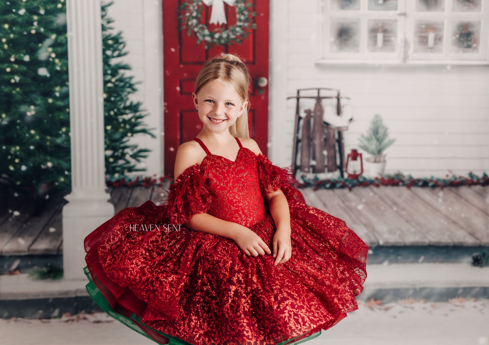 "Ruby Shimmer" - Red and Green Petal Gown Dress ( 6 Year - Petite 7 Year)