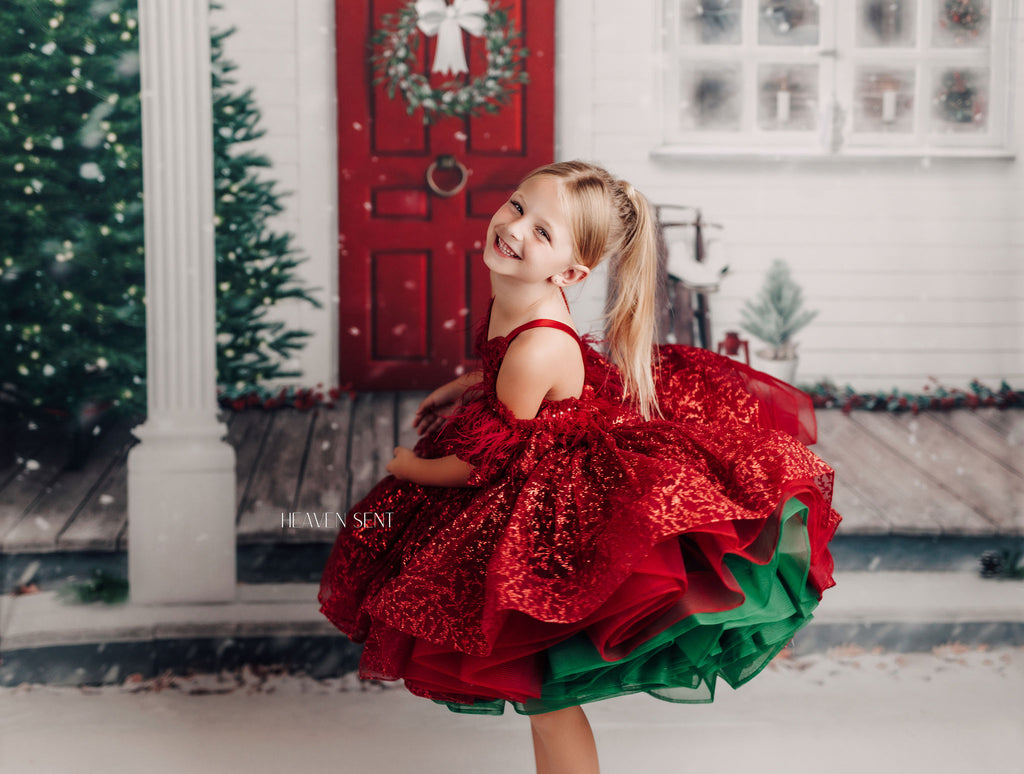 "Ruby Shimmer" - Red and Green Petal Gown Dress ( 6 Year - Petite 7 Year)