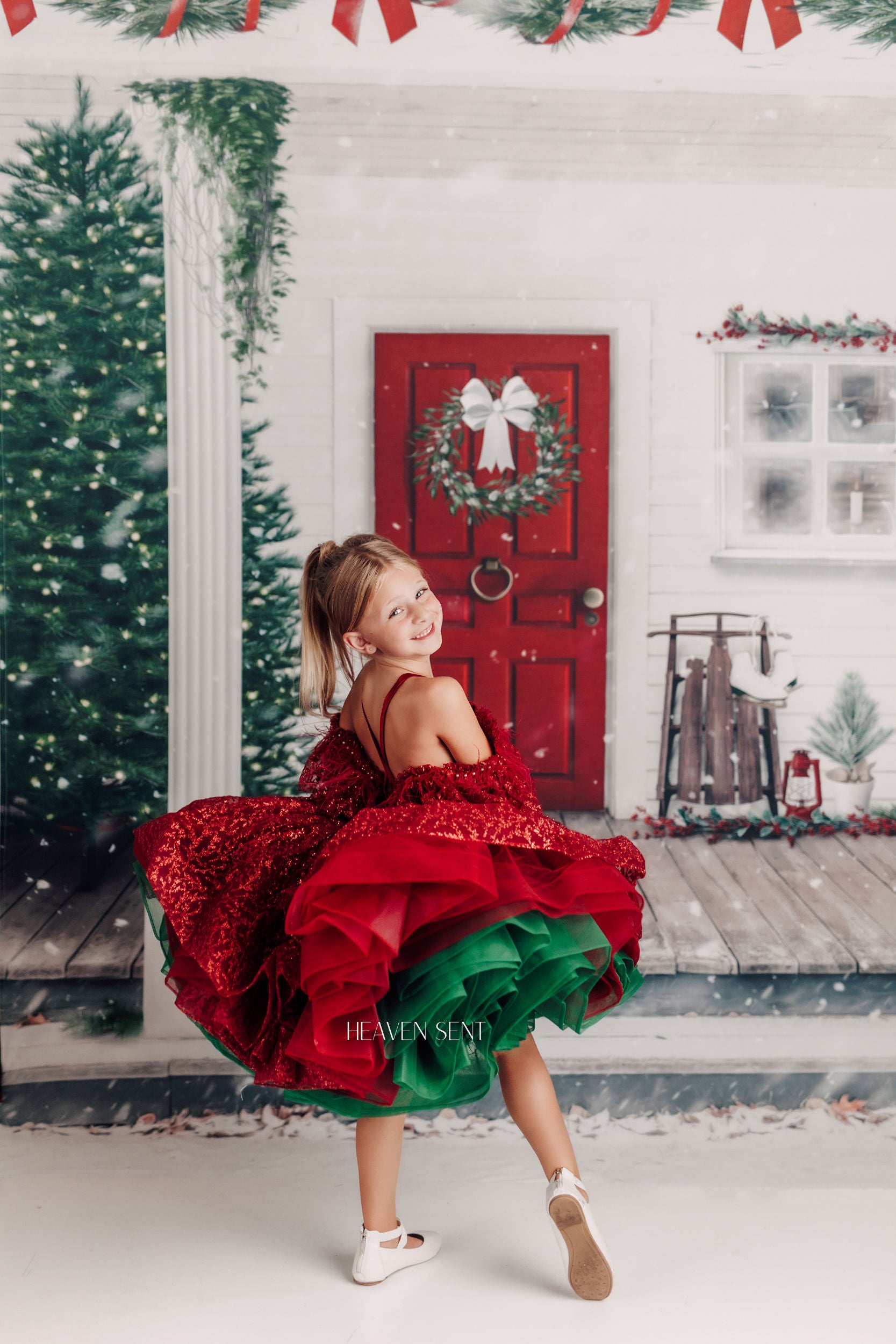 "Ruby Shimmer" - Red and Green Petal Gown Dress ( 6 Year - Petite 7 Year)