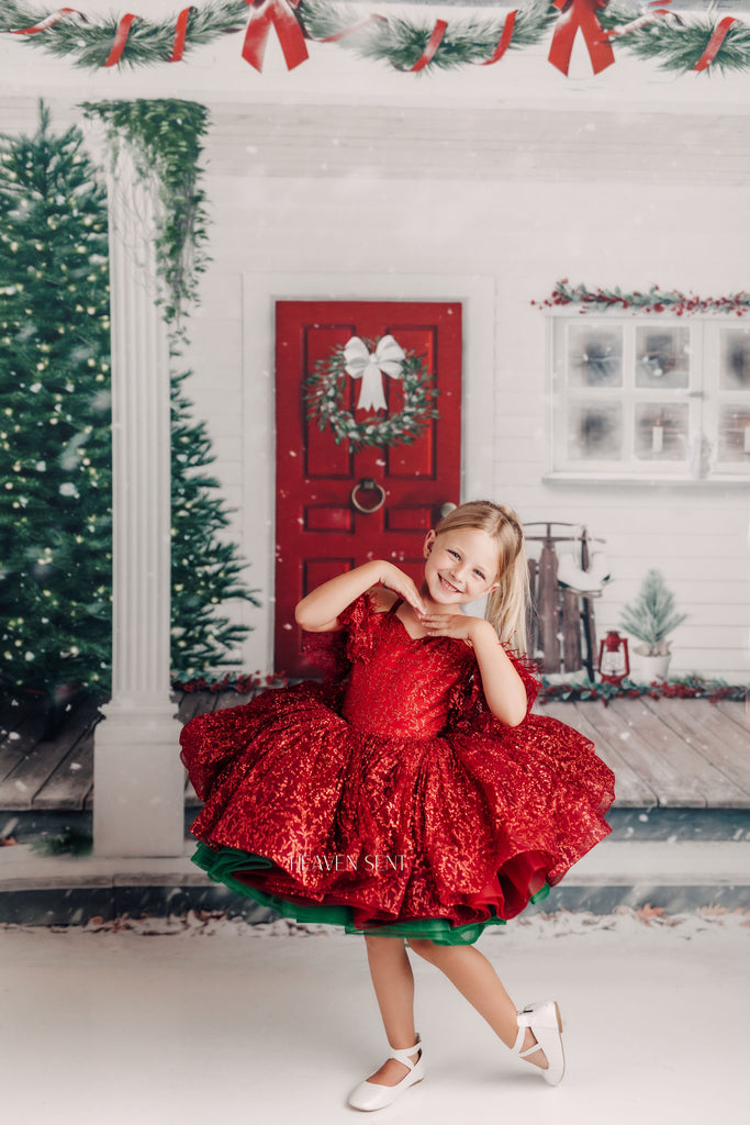 "Ruby Shimmer" - Red and Green Petal Gown Dress ( 6 Year - Petite 7 Year)