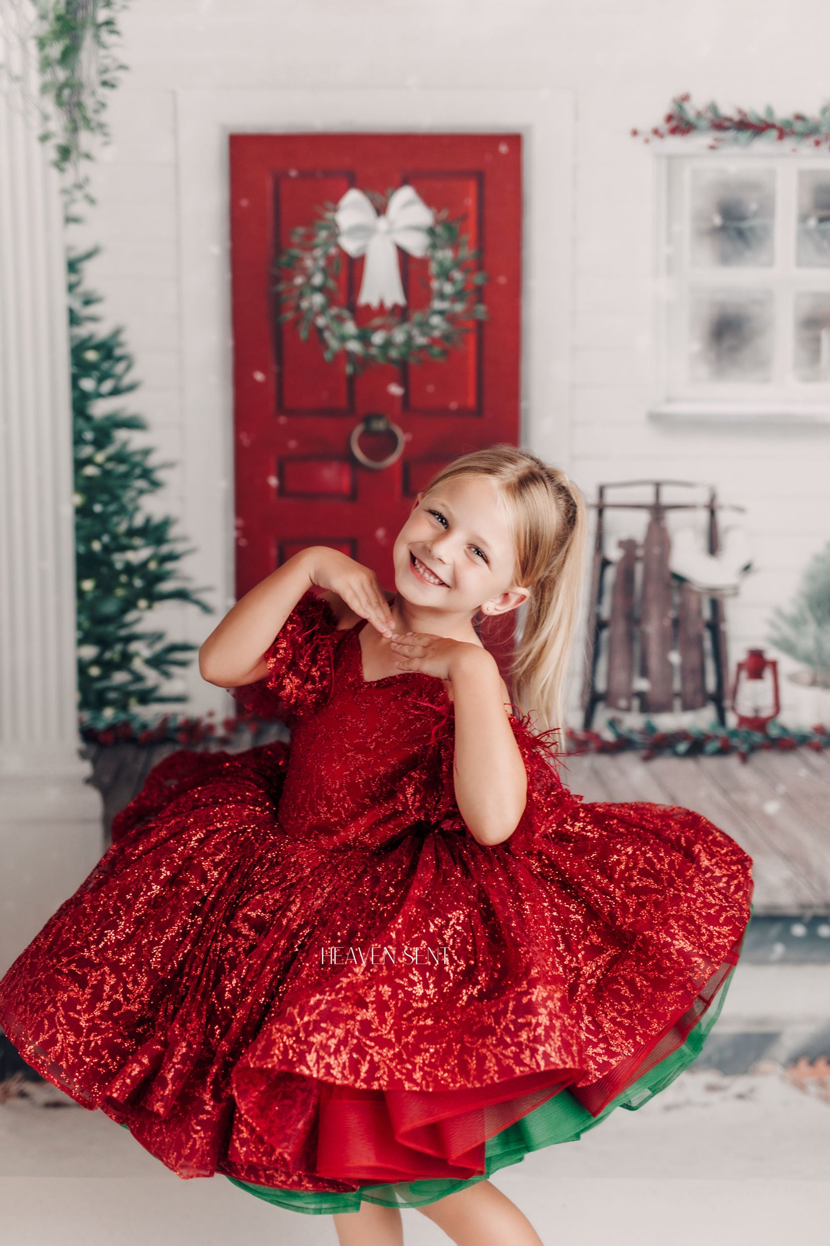 "Ruby Shimmer" - Red and Green Petal Gown Dress ( 6 Year - Petite 7 Year)