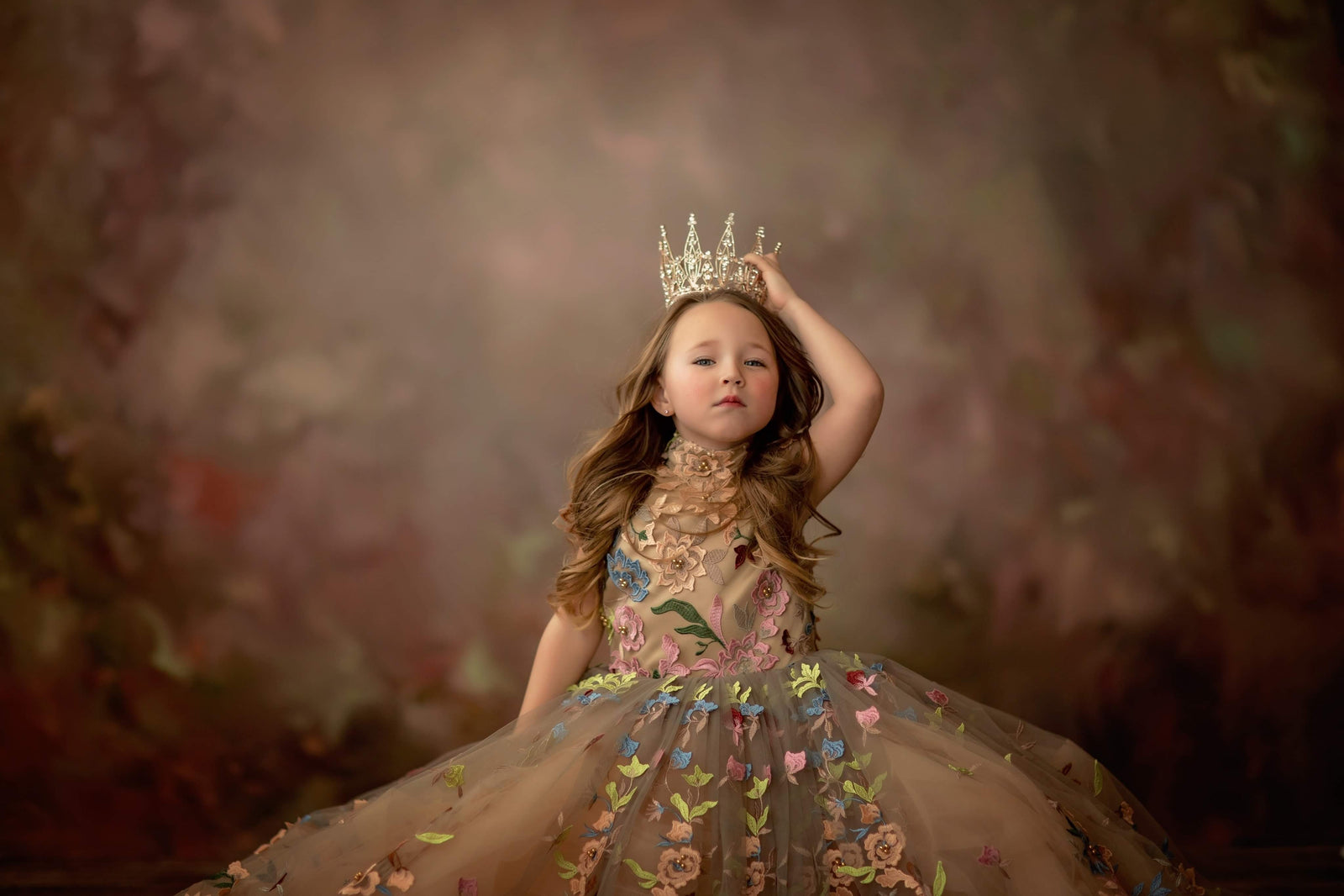 Front view of Skylar gown featuring 3D embroidered floral fabric and high neckline

